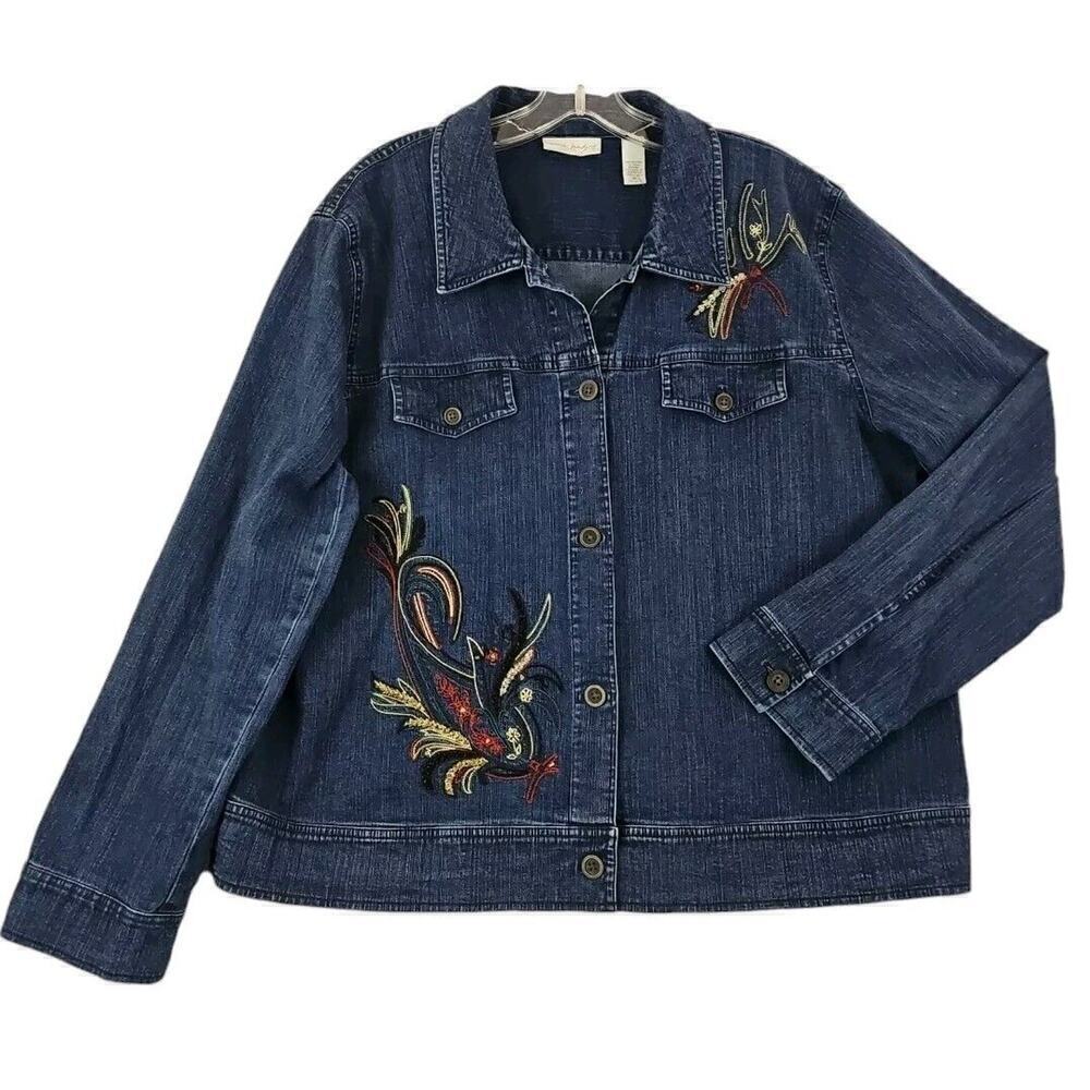 Marsh Landing ~Woman Size XL~ Blue Denim Jean Jacket Embroidered Boho Beaded.